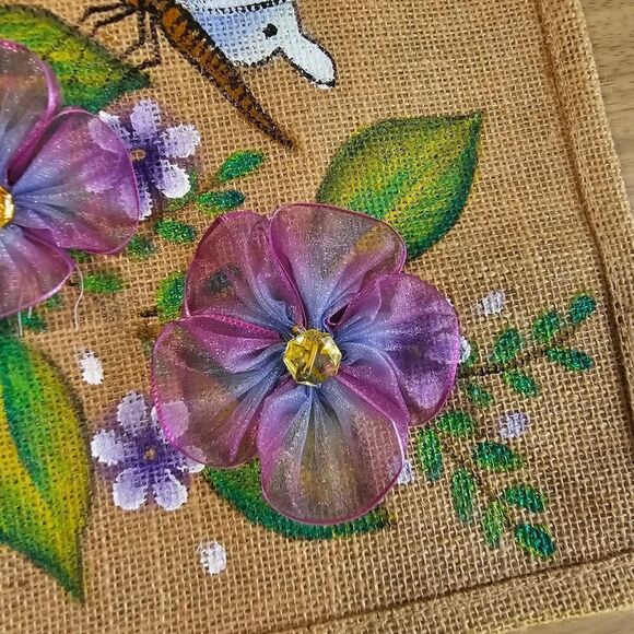 Hand-Made Bags Jute Craft-Fabric Ribbon Flowers Hand Painted Butterfly Gift New - Picture 3 of 7